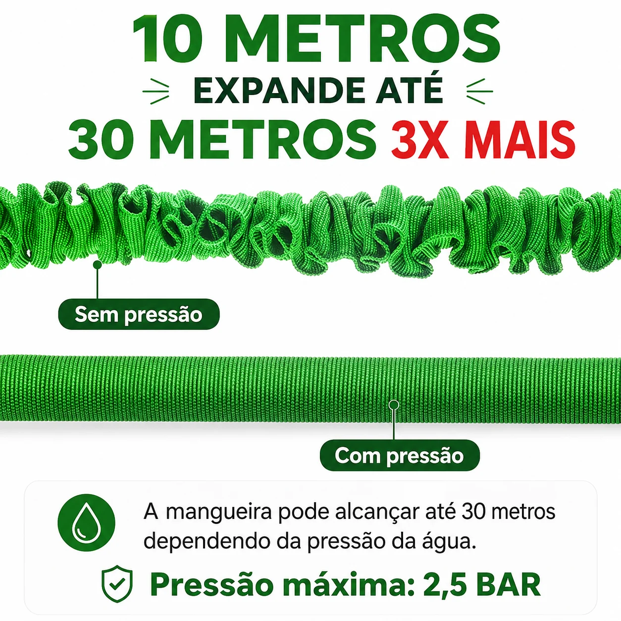Mangueira expansível sem pressão e com pressão da água